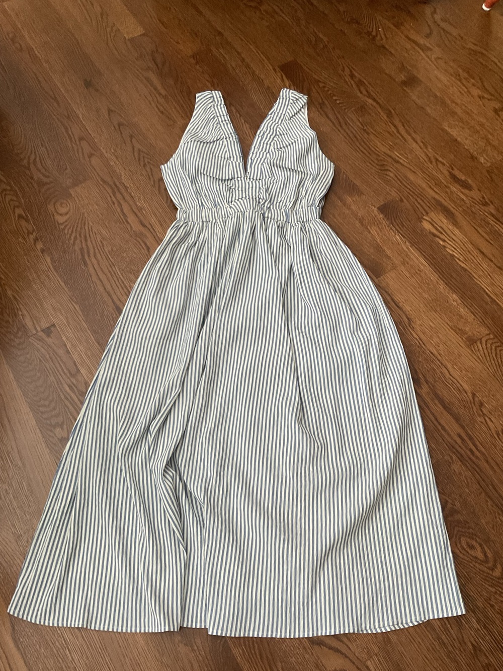 bishop + young Blue and White Striped Sleeveless Midi Dress